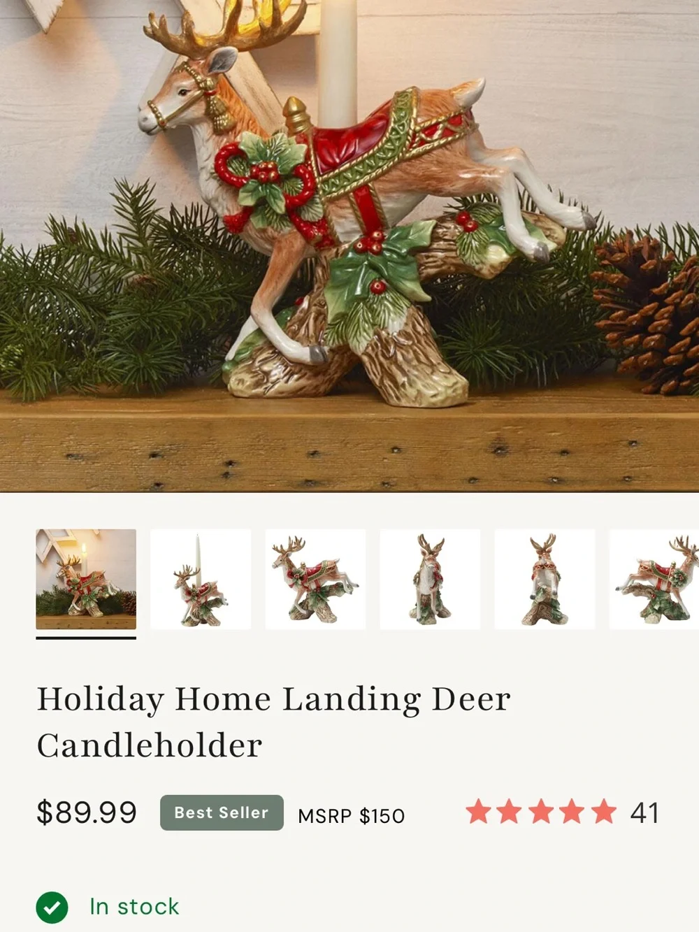 Fitz and Floyd Christmas Reindeer Festive Candle Holder Figurine
